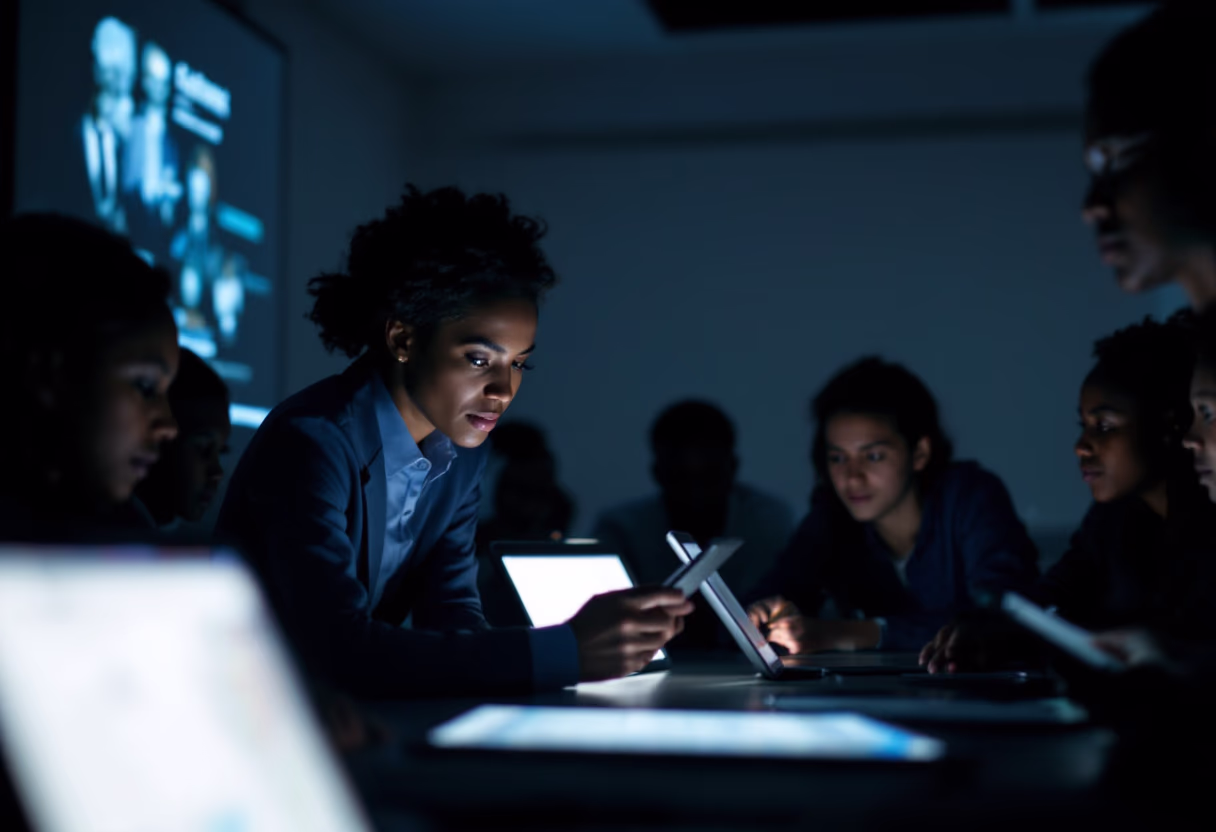 image of a teacher interacting with students using digital tools (for an edtech)
